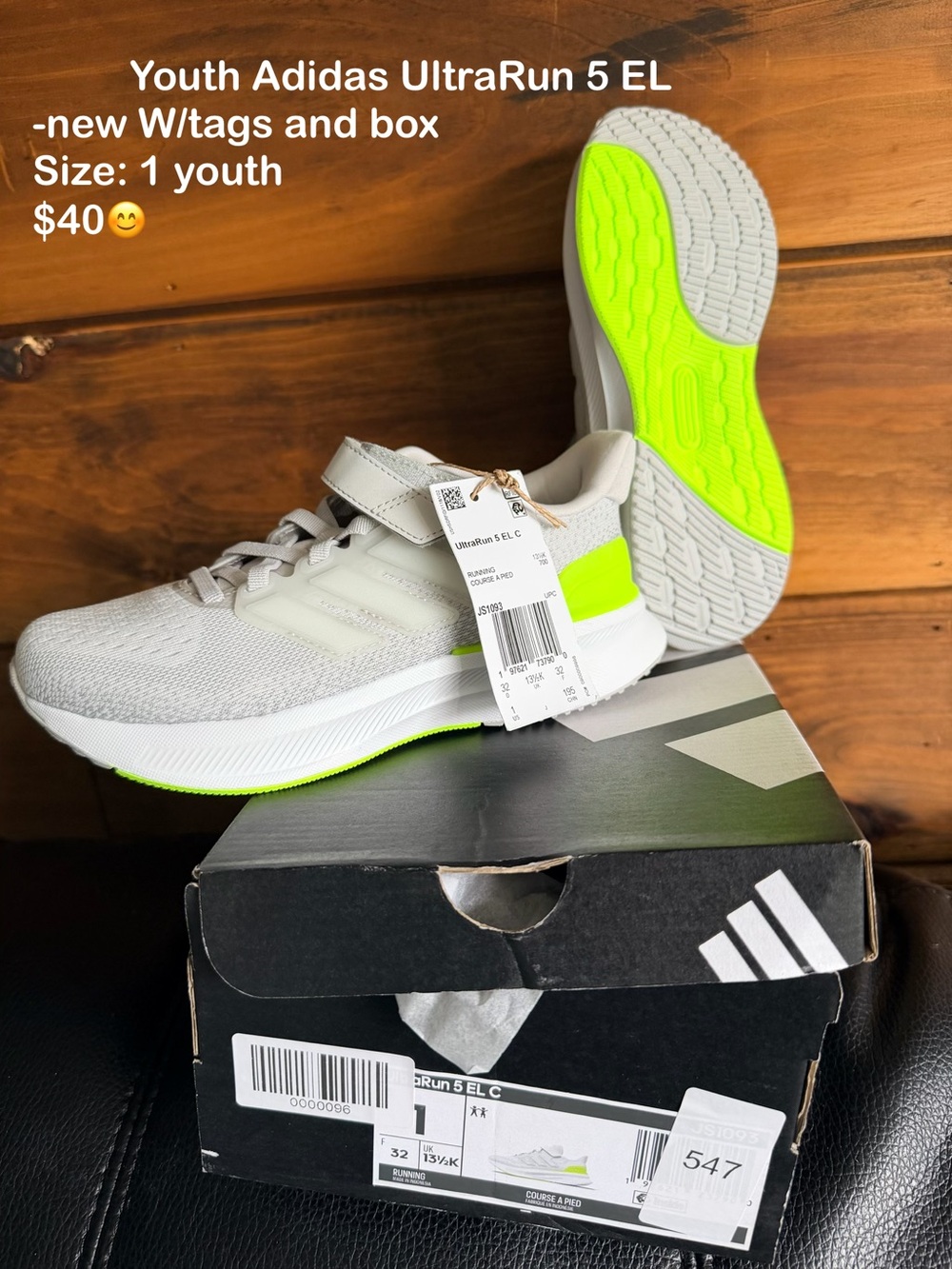 adidas Kids UltraRun 5 EL Sneakers - White & Neon Green